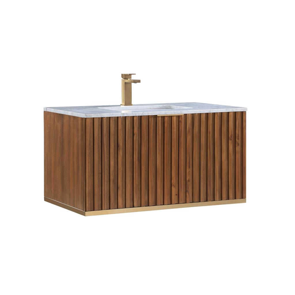 Bemma, Terra 36" Single Floating Vanity, Walnut/Satin Brass, Carrara Marble Top#top-options_carrara-marble-top
