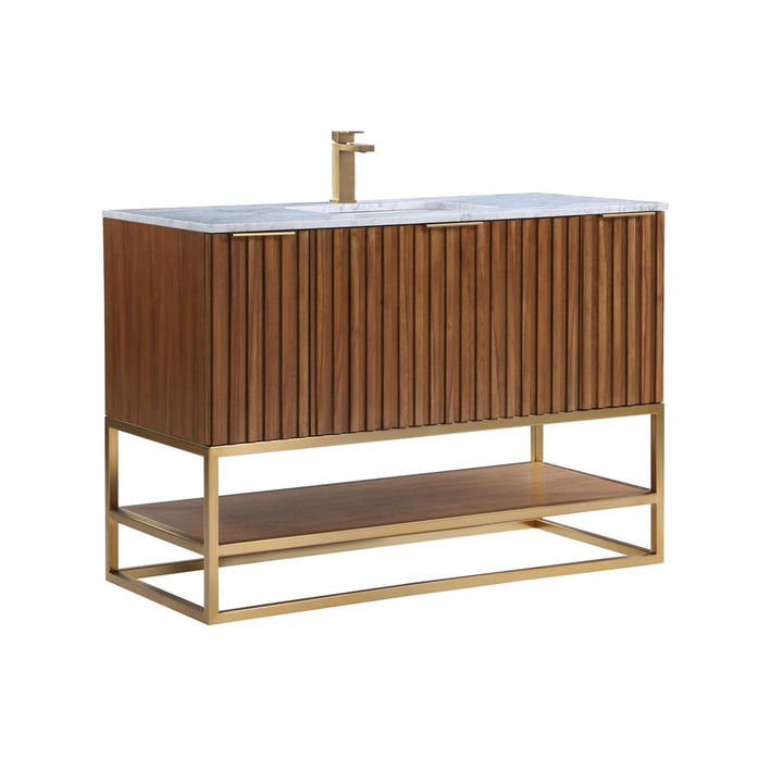 Bemma, Terra 48" Single Vanity, Walnut/Satin Brass, Carrara Marble Top#top-options_carrara-marble-top