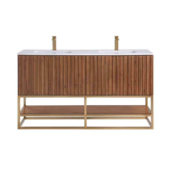Bemma, Terra 60" Double Vanity, Walnut/Satin Brass, White Quartz Top#top-options_white-quartz-top