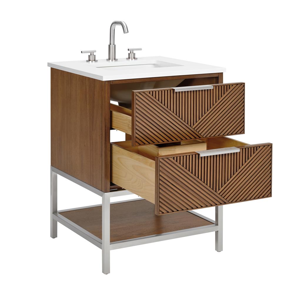 Bemma, Diamond 24" Single Vanity, Walnut/Brushed Nickel, White Quartz Top#top-options_white-quartz-top