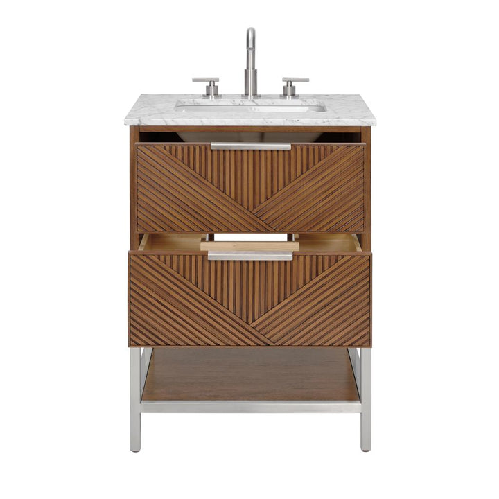 Bemma, Diamond 24" Single Vanity, Walnut/Brushed Nickel, Carrara Marble Top#top-options_carrara-marble-top