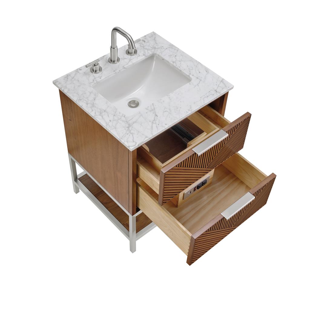 Bemma, Diamond 24" Single Vanity, Walnut/Brushed Nickel, Calacatta Quartz Top#top-options_calacatta-quartz-top