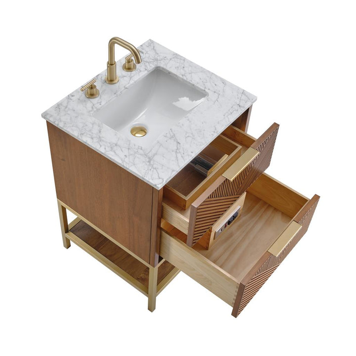Bemma, Diamond 24" Single Vanity, Walnut/Matte Black, Carrara Marble Top#top-options_carrara-marble-top