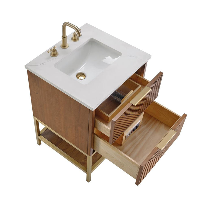 Bemma, Diamond 24" Single Vanity, Walnut/Matte Black, Calacatta Quartz Top#top-options_calacatta-quartz-top