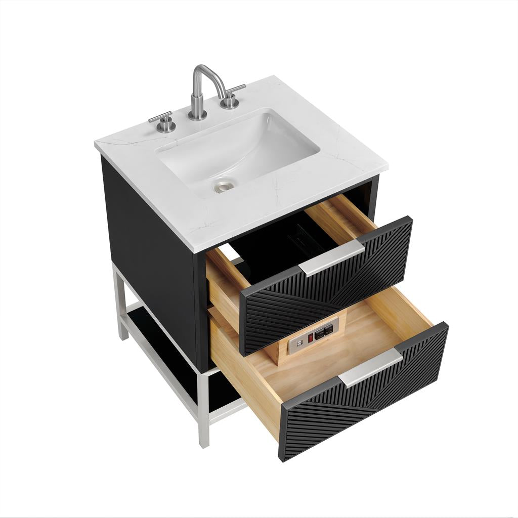 Bemma, Diamond 24" Single Vanity, Charcoal Black/Brushed Nickel, Calacatta Quartz Top#top-options_calacatta-quartz-top