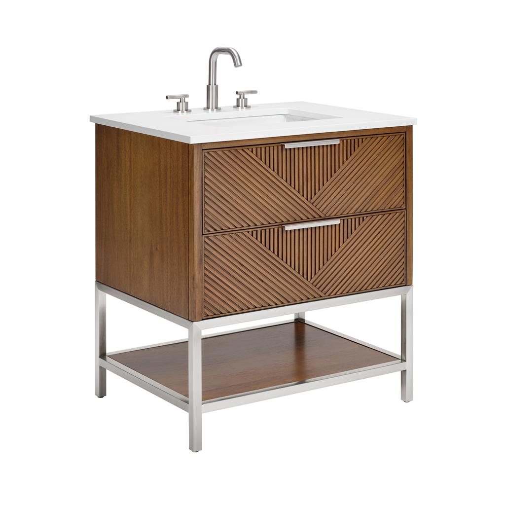 Bemma, Diamond 30" Single Vanity, Walnut/Brushed Nickel, White Quartz Top#top-options_white-quartz-top