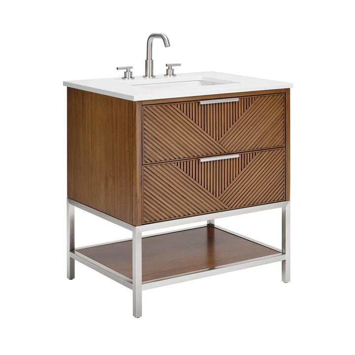 Bemma, Diamond 30" Single Vanity, Walnut/Brushed Nickel, White Quartz Top#top-options_white-quartz-top