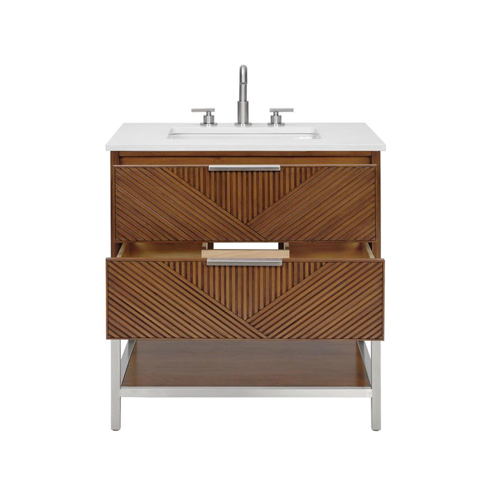 Bemma, Diamond 30" Single Vanity, Walnut/Brushed Nickel, White Quartz Top#top-options_white-quartz-top