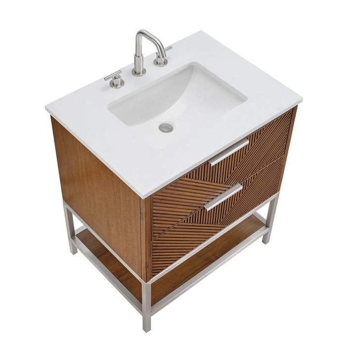Bemma, Diamond 30" Single Vanity, Walnut/Brushed Nickel, White Quartz Top#top-options_white-quartz-top