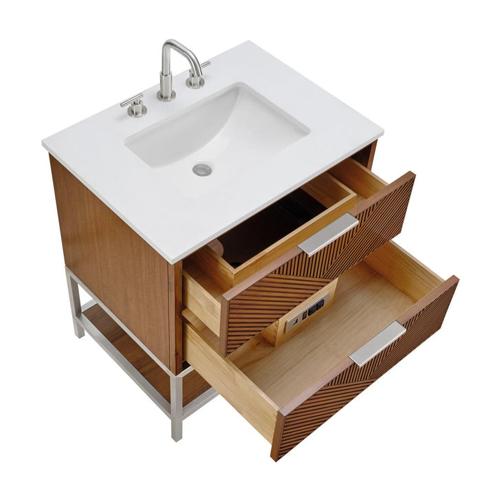 Bemma, Diamond 30" Single Vanity, Walnut/Brushed Nickel, White Quartz Top#top-options_white-quartz-top