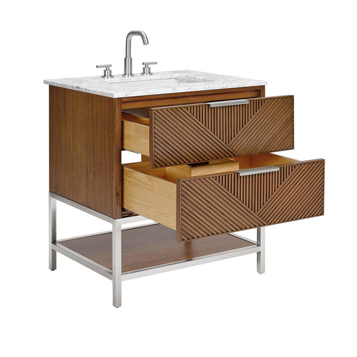 Bemma, Diamond 30" Single Vanity, Walnut/Brushed Nickel, Carrara Marble Top#top-options_carrara-marble-top