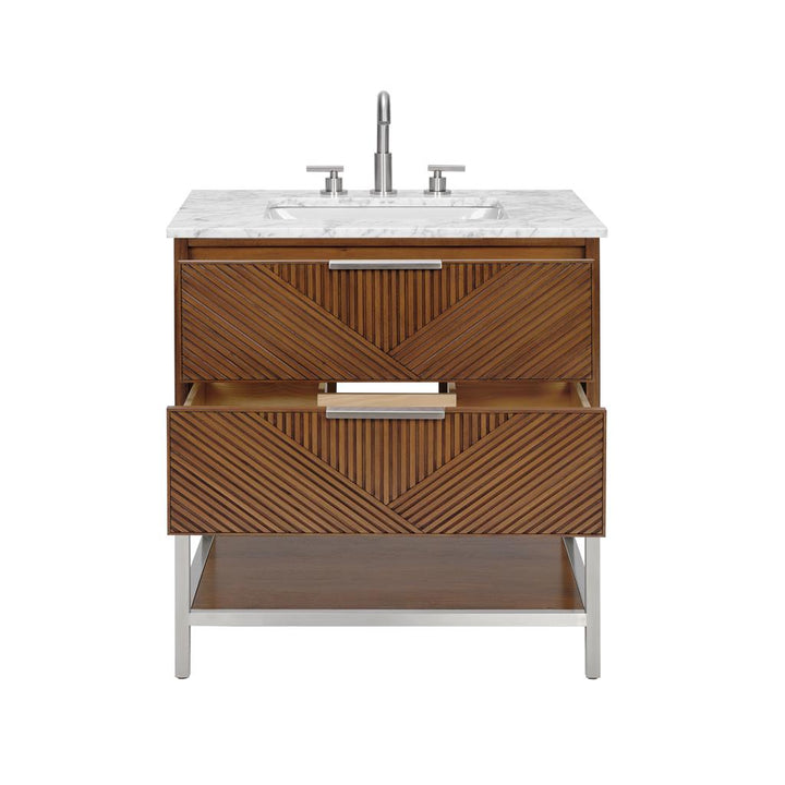 Bemma, Diamond 30" Single Vanity, Walnut/Brushed Nickel, Carrara Marble Top#top-options_carrara-marble-top