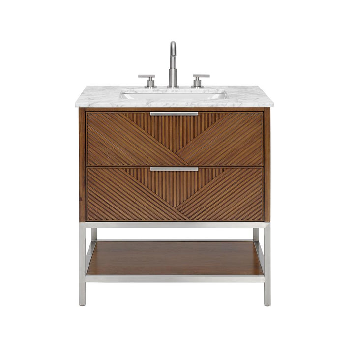 Bemma, Diamond 30" Single Vanity, Walnut/Brushed Nickel, Carrara Marble Top#top-options_carrara-marble-top