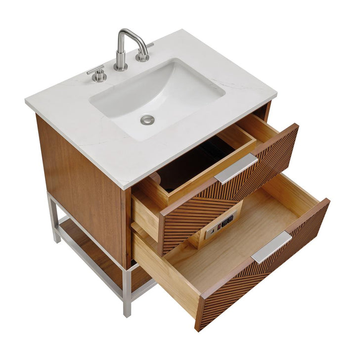 Bemma, Diamond 30" Single Vanity, Walnut/Brushed Nickel, Calacatta Quartz Top#top-options_calacatta-quartz-top