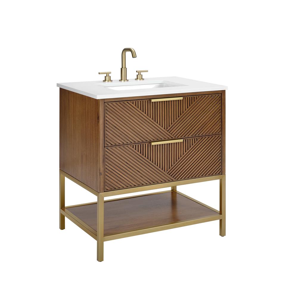 Bemma, Diamond 30" Single Vanity, Walnut/Satin Brass, White Quartz Top#top-options_white-quartz-top