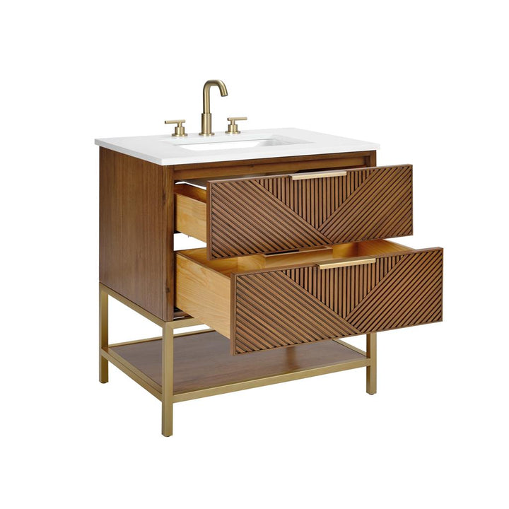Bemma, Diamond 30" Single Vanity, Walnut/Satin Brass, White Quartz Top#top-options_white-quartz-top