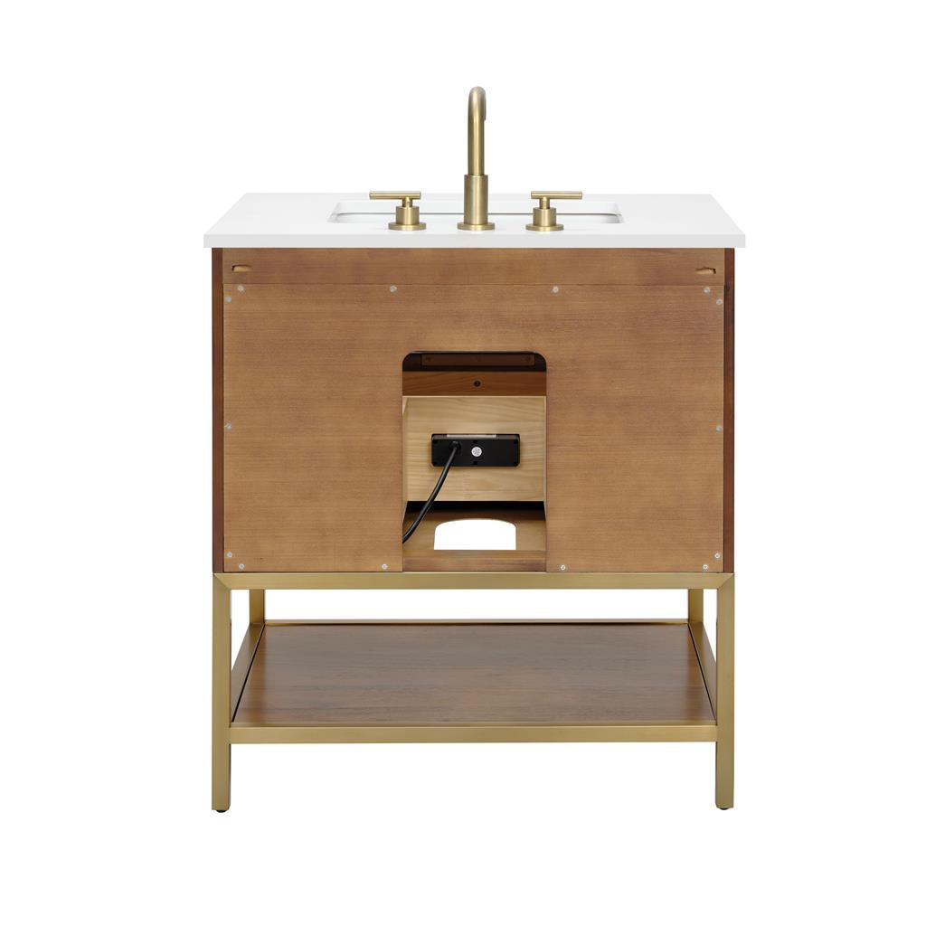 Bemma, Diamond 30" Single Vanity, Walnut/Satin Brass, White Quartz Top#top-options_white-quartz-top