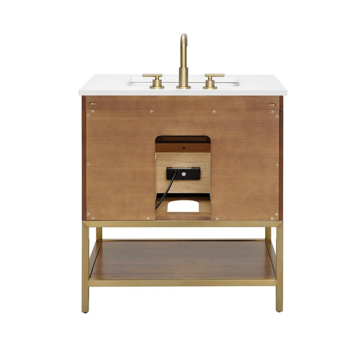 Bemma, Diamond 30" Single Vanity, Walnut/Satin Brass, White Quartz Top#top-options_white-quartz-top