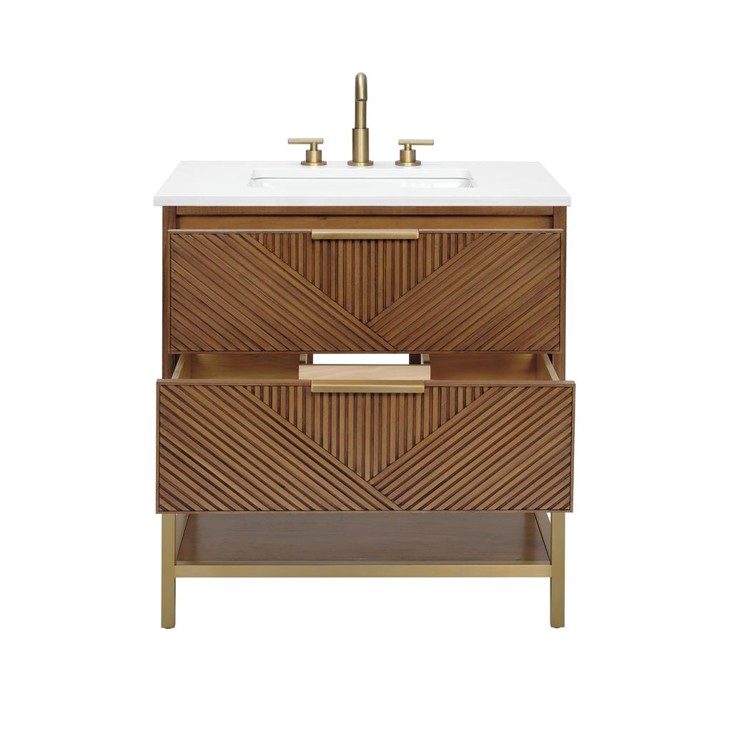 Bemma, Diamond 30" Single Vanity, Walnut/Satin Brass, White Quartz Top#top-options_white-quartz-top