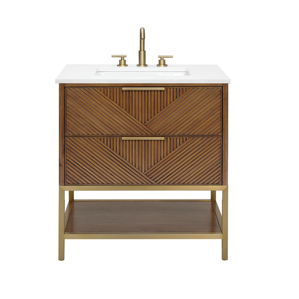 Bemma, Diamond 30" Single Vanity, Walnut/Satin Brass, White Quartz Top#top-options_white-quartz-top