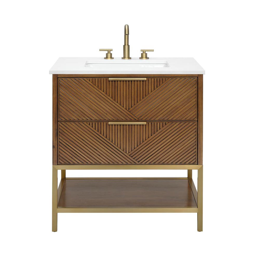 Bemma, Diamond 30" Single Vanity, Walnut/Satin Brass, White Quartz Top#top-options_white-quartz-top