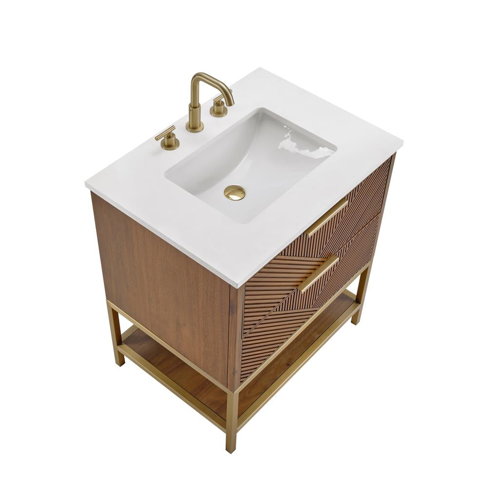 Bemma, Diamond 30" Single Vanity, Walnut/Satin Brass, White Quartz Top#top-options_white-quartz-top