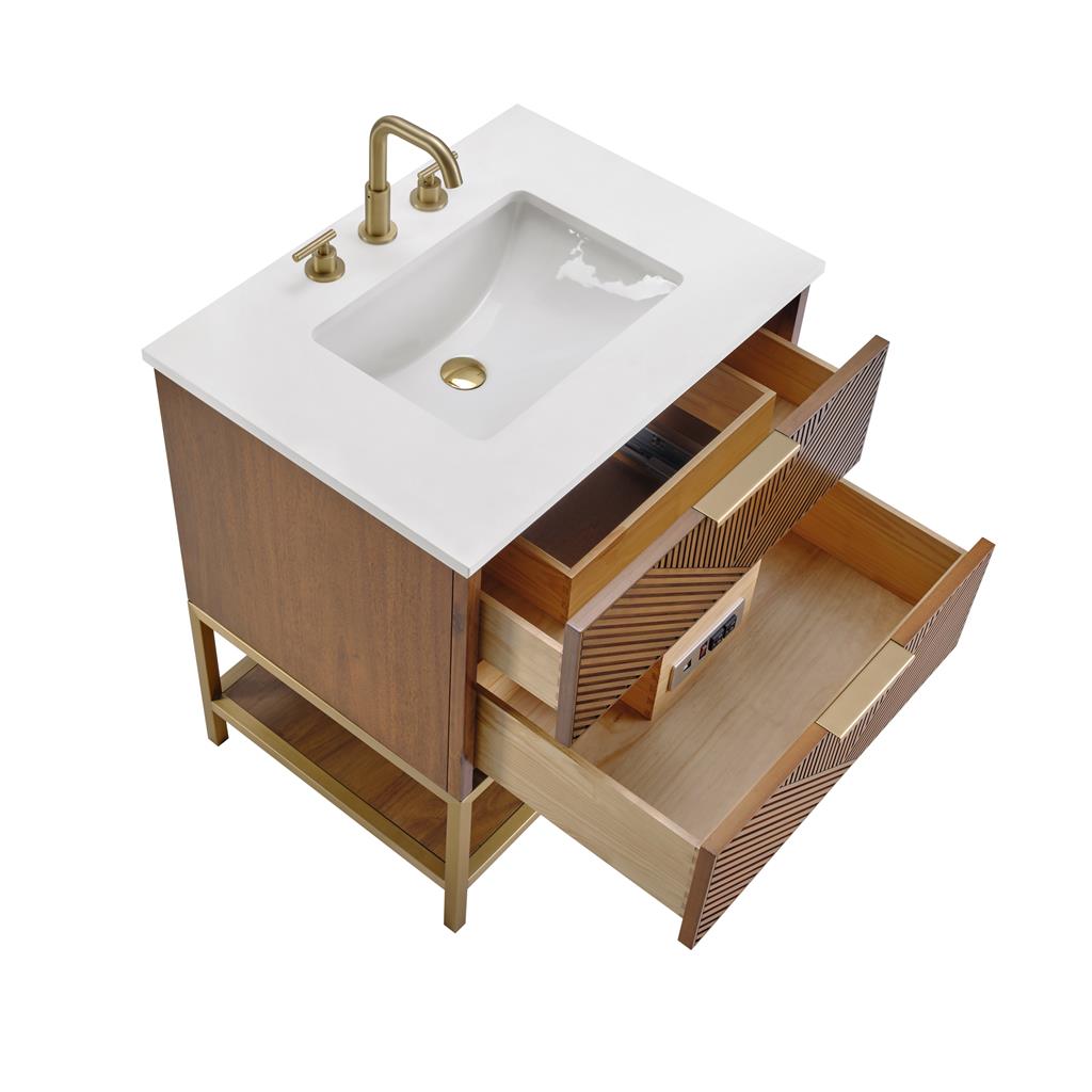 Bemma, Diamond 30" Single Vanity, Walnut/Satin Brass, White Quartz Top#top-options_white-quartz-top
