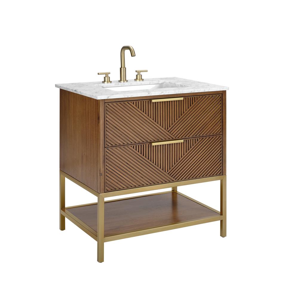 Bemma, Diamond 30" Single Vanity, Walnut/Satin Brass, Carrara Marble Top#top-options_carrara-marble-top