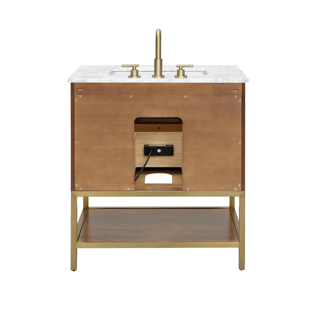 Bemma, Diamond 30" Single Vanity, Walnut/Satin Brass, Carrara Marble Top#top-options_carrara-marble-top
