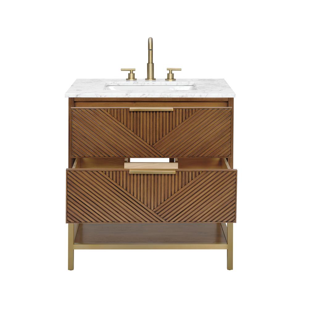Bemma, Diamond 30" Single Vanity, Walnut/Satin Brass, Carrara Marble Top#top-options_carrara-marble-top