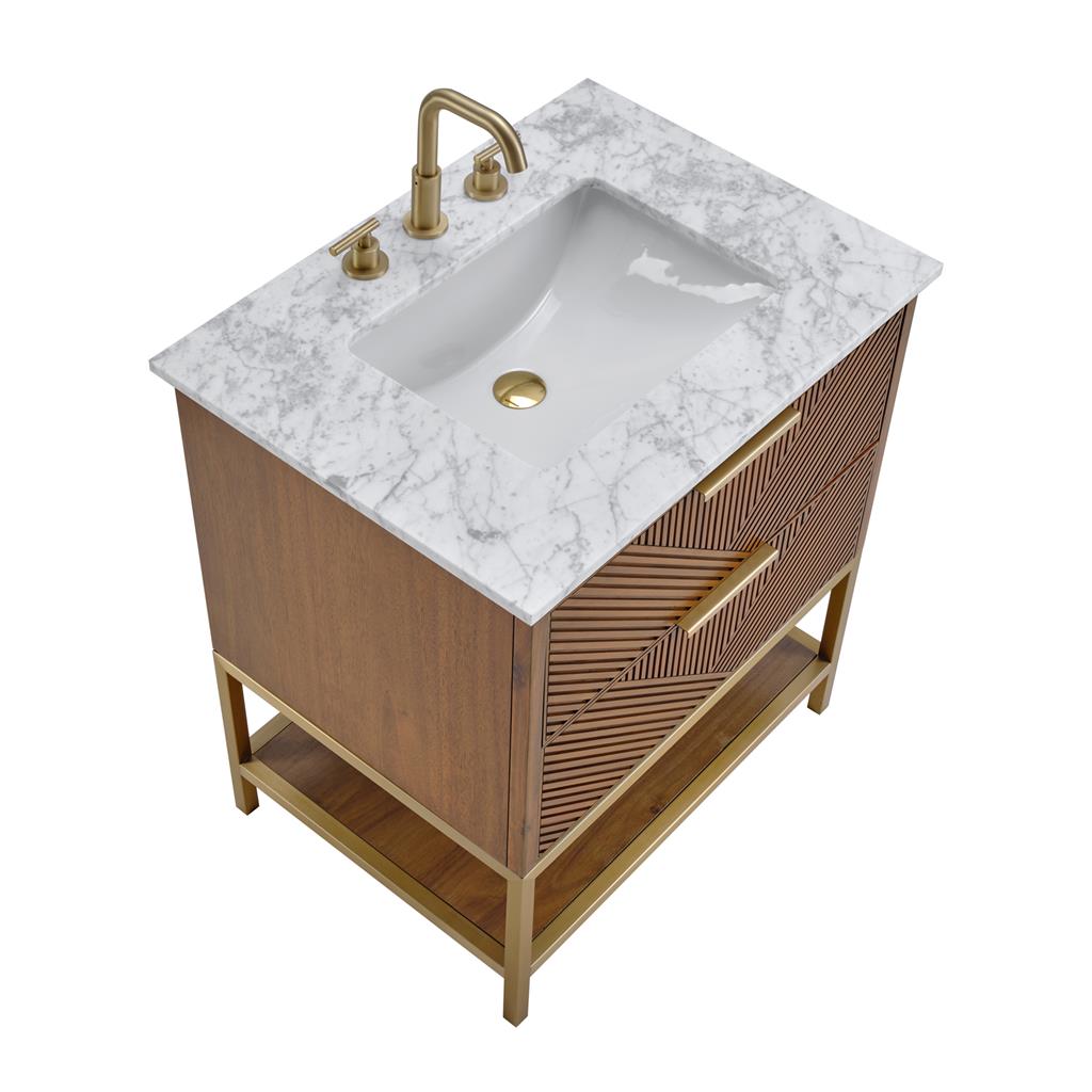 Bemma, Diamond 30" Single Vanity, Walnut/Satin Brass, Carrara Marble Top#top-options_carrara-marble-top