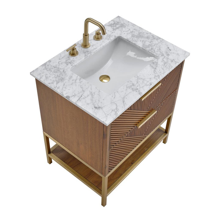 Bemma, Diamond 30" Single Vanity, Walnut/Satin Brass, Carrara Marble Top#top-options_carrara-marble-top