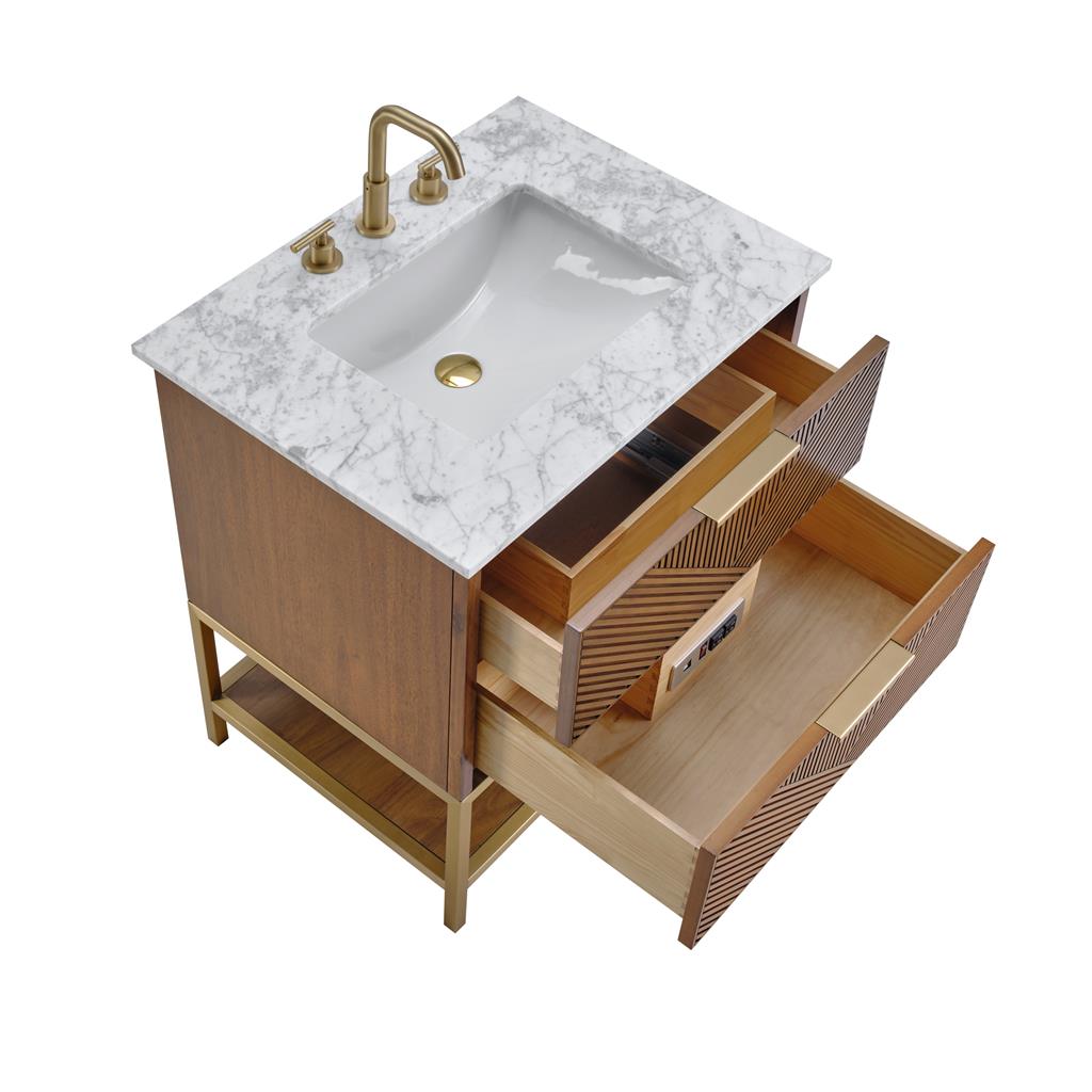 Bemma, Diamond 30" Single Vanity, Walnut/Satin Brass, Carrara Marble Top#top-options_carrara-marble-top