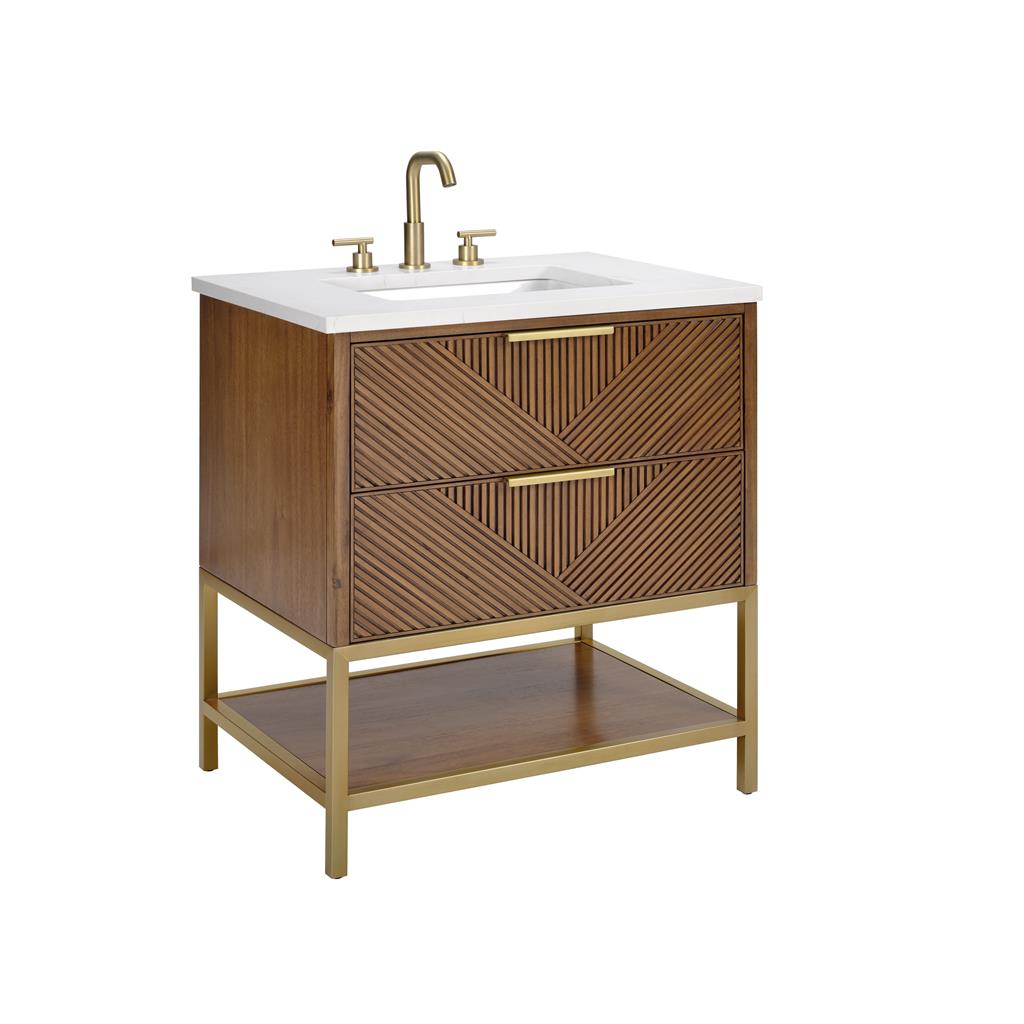 Bemma, Diamond 30" Single Vanity, Walnut/Satin Brass, Calacatta Quartz Top#top-options_calacatta-quartz-top