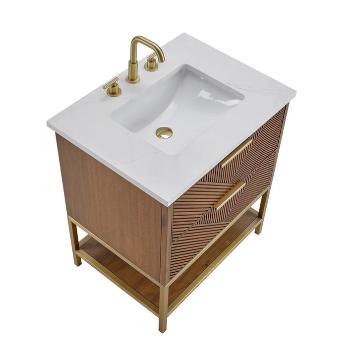 Bemma, Diamond 30" Single Vanity, Walnut/Satin Brass, Calacatta Quartz Top#top-options_calacatta-quartz-top