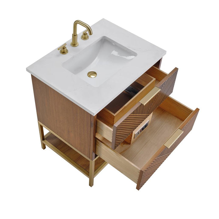 Bemma, Diamond 30" Single Vanity, Walnut/Satin Brass, Calacatta Quartz Top#top-options_calacatta-quartz-top
