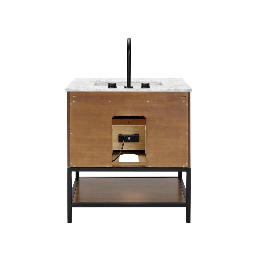 Bemma, Diamond 30" Single Vanity, Walnut/Matte Black, Carrara Marble Top#top-options_carrara-marble-top