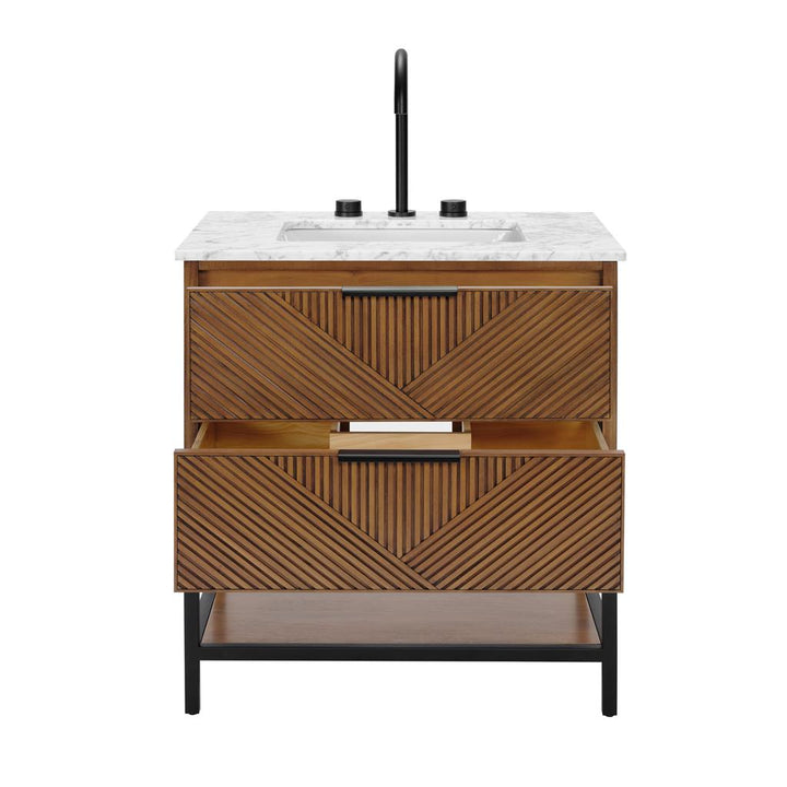 Bemma, Diamond 30" Single Vanity, Walnut/Matte Black, Carrara Marble Top#top-options_carrara-marble-top