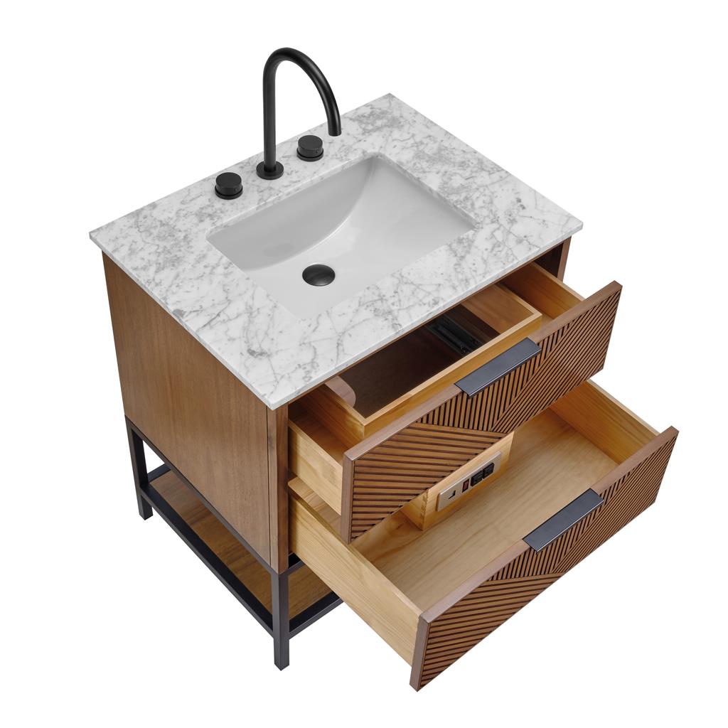 Bemma, Diamond 30" Single Vanity, Walnut/Matte Black, Carrara Marble Top#top-options_carrara-marble-top