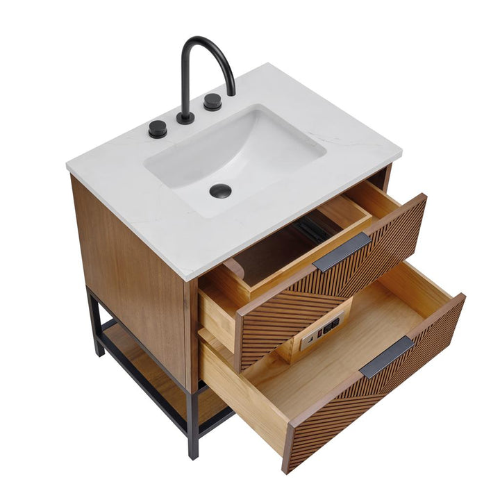 Bemma, Diamond 30" Single Vanity, Walnut/Matte Black, Calacatta Quartz Top#top-options_calacatta-quartz-top