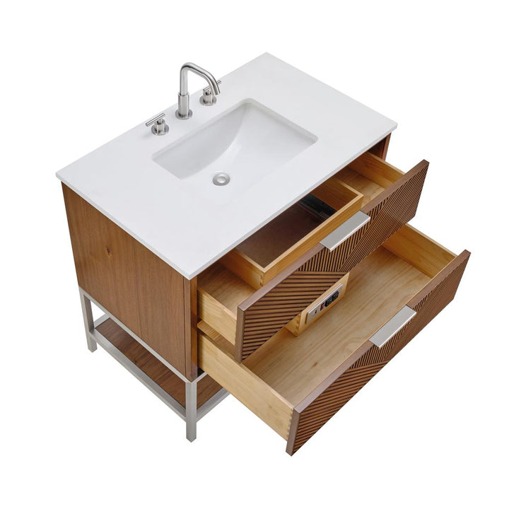 Bemma, Diamond 36" Single Vanity Vanity, Walnut/Brushed Nickel, White Quartz Top#top-options_white-quartz-top