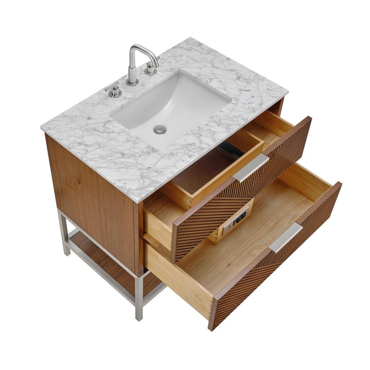 Bemma, Diamond 36" Single Vanity Vanity, Walnut/Brushed Nickel, Carrara Marble Top#top-options_carrara-marble-top