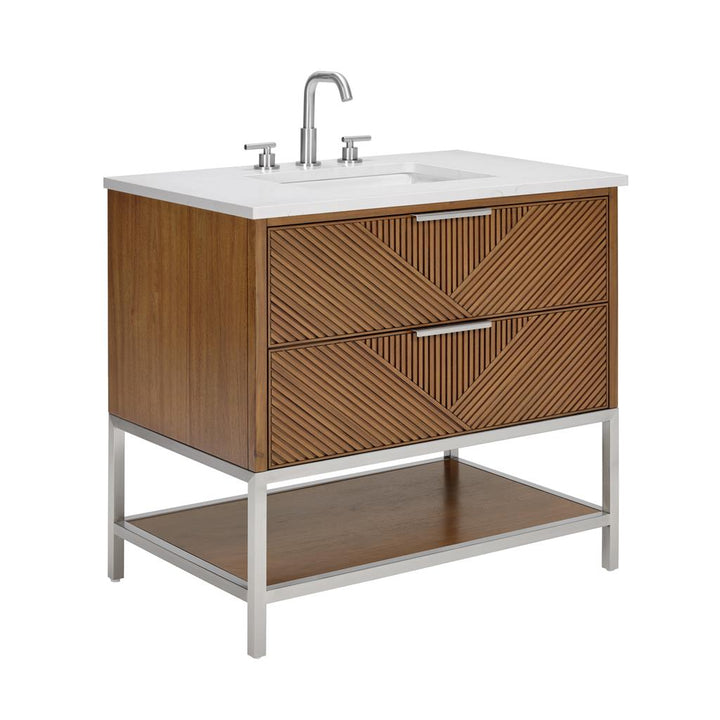 Bemma, Diamond 36" Single Vanity Vanity, Walnut/Brushed Nickel, Calacatta Quartz Top#top-options_calacatta-quartz-top