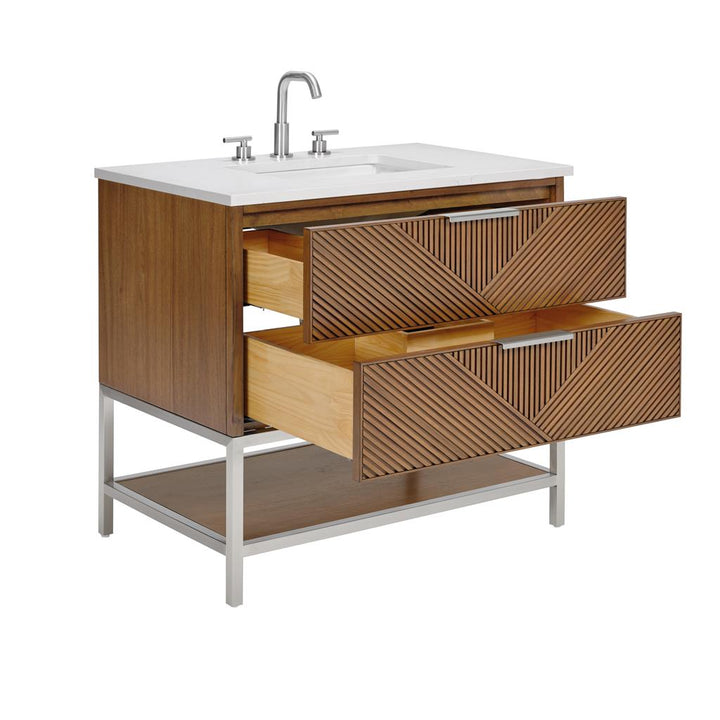 Bemma, Diamond 36" Single Vanity Vanity, Walnut/Brushed Nickel, Calacatta Quartz Top#top-options_calacatta-quartz-top