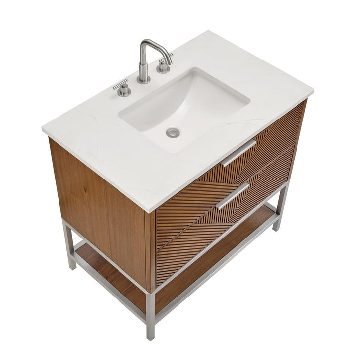 Bemma, Diamond 36" Single Vanity Vanity, Walnut/Brushed Nickel, Calacatta Quartz Top#top-options_calacatta-quartz-top