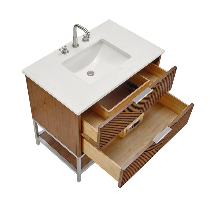 Bemma, Diamond 36" Single Vanity Vanity, Walnut/Brushed Nickel, Calacatta Quartz Top#top-options_calacatta-quartz-top