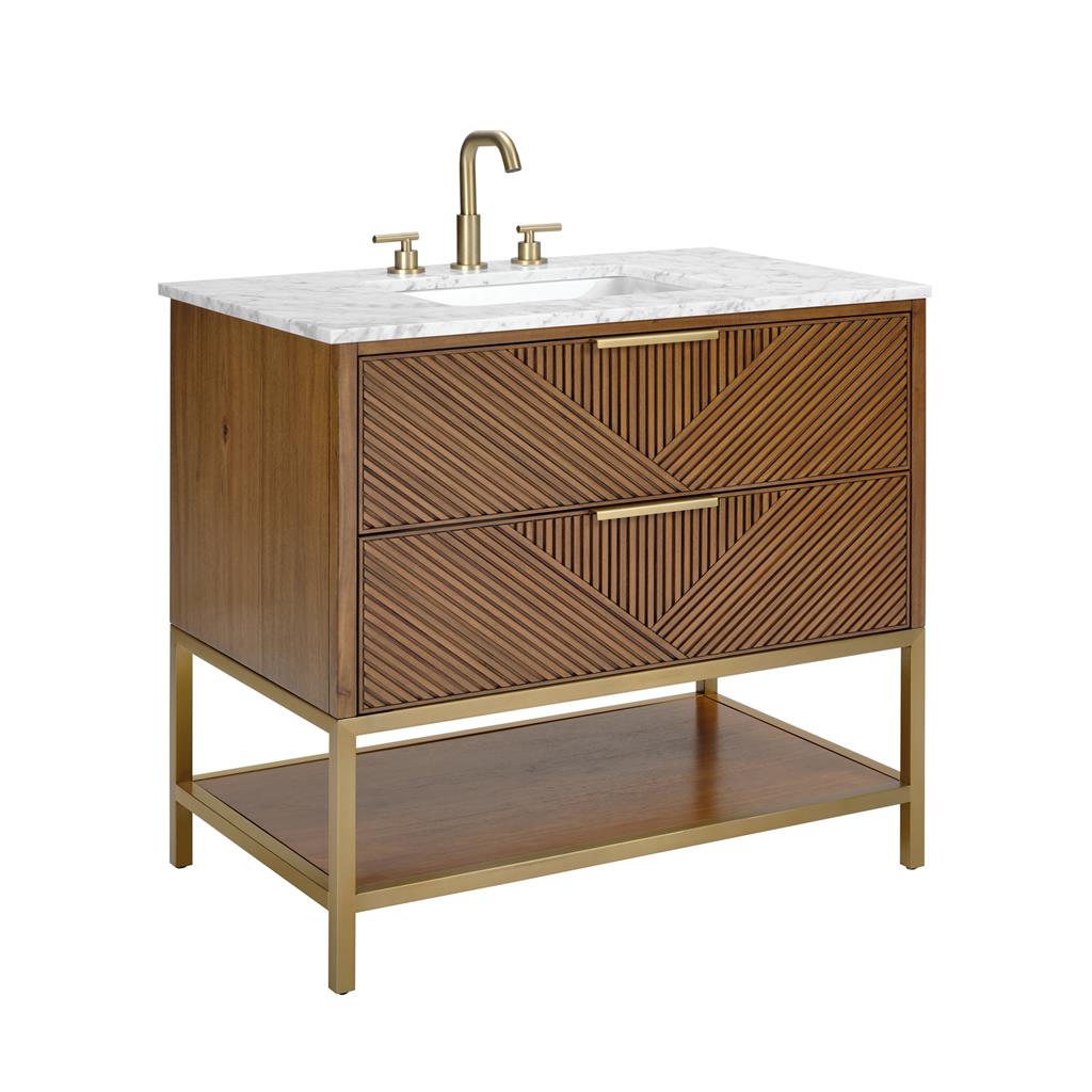 Bemma, Diamond 36" Single Vanity Vanity, Walnut/Satin Brass, Carrara Marble Top#top-options_carrara-marble-top