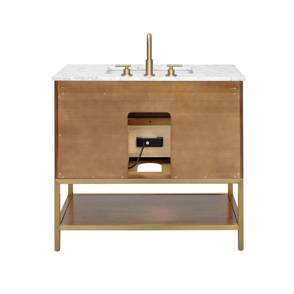 Bemma, Diamond 36" Single Vanity Vanity, Walnut/Satin Brass, Carrara Marble Top#top-options_carrara-marble-top