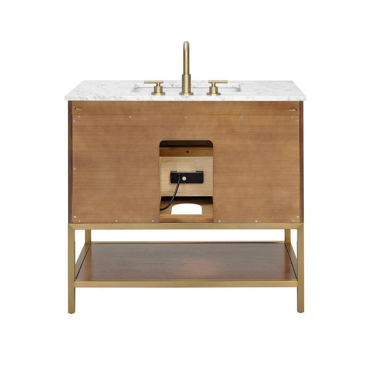 Bemma, Diamond 36" Single Vanity Vanity, Walnut/Satin Brass, Carrara Marble Top#top-options_carrara-marble-top