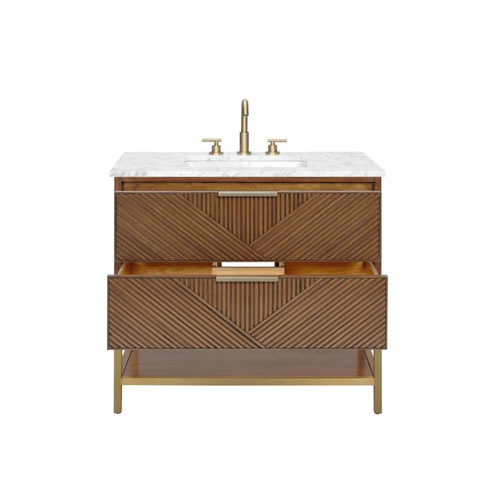 Bemma, Diamond 36" Single Vanity Vanity, Walnut/Satin Brass, Carrara Marble Top#top-options_carrara-marble-top